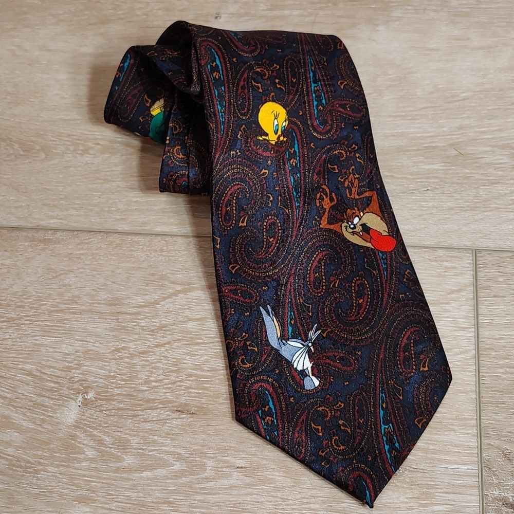 Vtg 1994 Looney Tunes Mania Bugs Taz Tweety Sylvester Marvin Paisley Pattern Tie - Picture 1 of 7